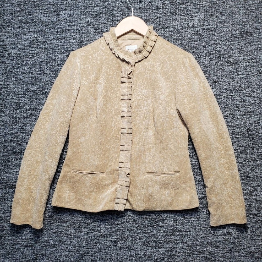 Chicos‎ Corduroy Jacket Womens Medium Tan Ruffle Collar Damask Floral Whimsigoth
